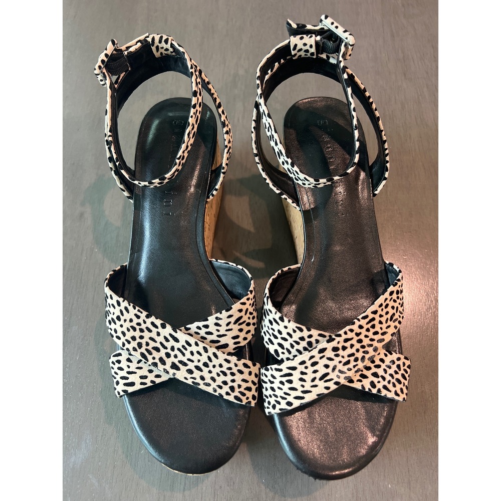 Gianni Bini Zeeah Animal Print Cork Platform Wedge Sandals Black Ivory Womens 9M
